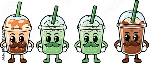 Four Cartoon Characters of Sweet Drinks with Mustaches untitled vector