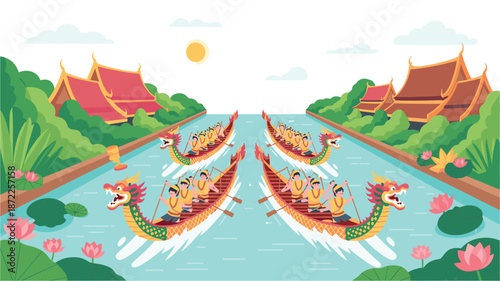 A vibrant illustration of dragon boats racing on a serene canal with traditional architecture and lush greenery