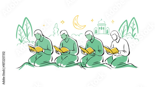 A row of diverse people reading the Holy Quran in a hand-drawn doodle style. Minimalist backgrounds with mosque silhouettes. Saturated green and gold colors. Organic lines and playful hand-painted tex