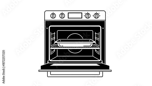Open electric oven with baking tray inside, kitchen appliance silhouette vector.