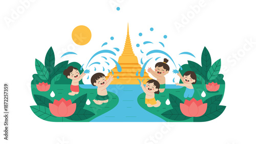 A colorful illustration of children playing with water in a serene outdoor setting with a temple in the background
