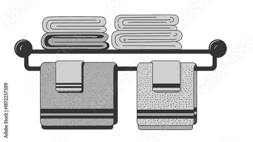 Bathroom towel rack with folded and hanging towels, spa and hotel laundry icon.