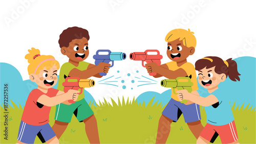 A colorful illustration of four children playing with water guns in a grassy field