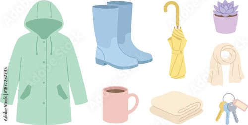 Spring mint green fashion accessories flat vector pack with hooded raincoat blue rain boots yellow umbrella purple gift box pink mug floral keychain representing rainy day style isolated