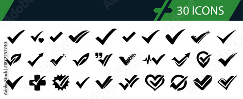 Hand drawn check mark set with 30 brush tick icons in black for notes, labels and designs