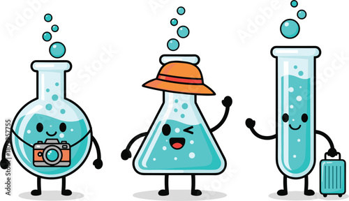 Three cute cartoon science beakers with faces and accessories flasks test tube