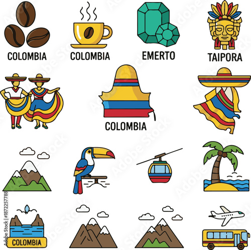 Colombia Travel Icons Set: Coffee, Emeralds, Culture, and Landmarks Vector Illustration