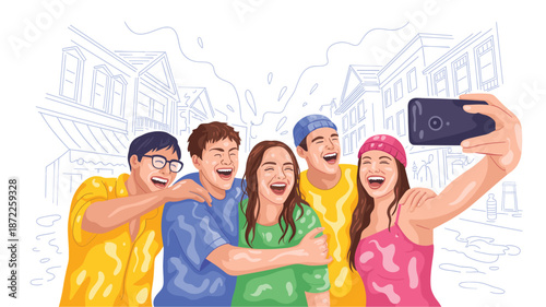 A vibrant illustration of a group of friends taking a selfie together in a colorful and lively urban setting