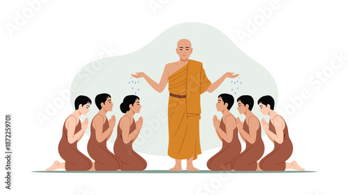A serene Buddhist monk blessing his followers in a peaceful spiritual setting