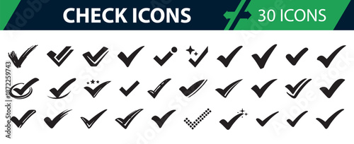 Checklist check icon collection with 30 tick marks for business, productivity and quality control