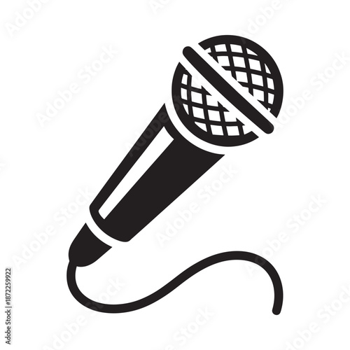 Simple black and white illustration of a classic dynamic microphone with a cable