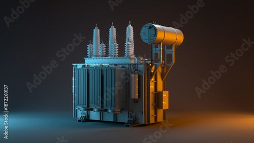 Photos Power transformer with conservator tank on dark background 3d render