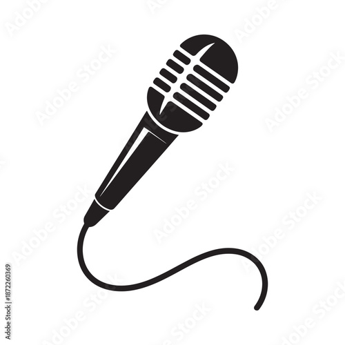 Simple black and white illustration of a vintage style microphone with a cable