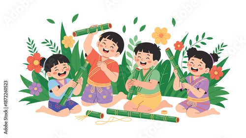 A colorful illustration of four children playing with bamboo tubes in a garden with flowers and leaves