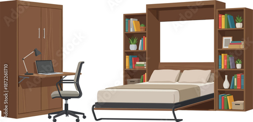 Home office workspace furniture set flat vector illustration with wooden wardrobe computer desk office chair media cabinet representing functional study room interior design isolated