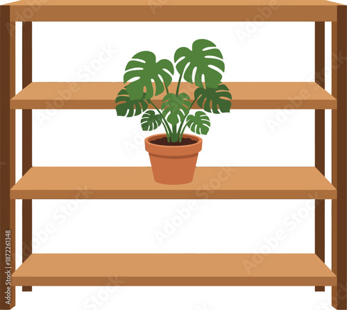Natural wood open shelving unit with plants flat vector illustration with three-tier bookshelf and potted greenery representing minimalist storage furniture home decor isolated