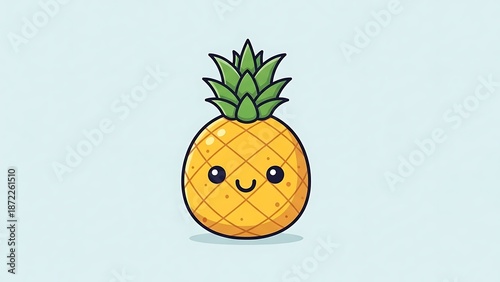 Smiling cartoon pineapple on blue background.