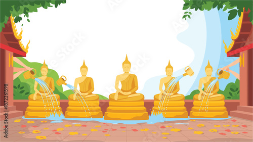 A vector graphic illustration of golden Buddha statues being poured with water in a serene outdoor setting