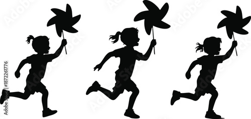 Three Silhouettes of a Girl Running with Pinwheels, Childhood Motion: Running with Wind Spinners, Sequential Silhouette of a Girl at Play, Whirling Through Childhood, vector, illustration, silhouette.
