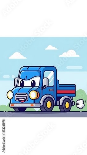 Cartoon truck on the road smiling.