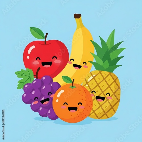 Cartoon fruits with smiling faces together.