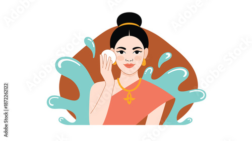 A cartoon woman washing her face with a cotton pad in a colorful illustration