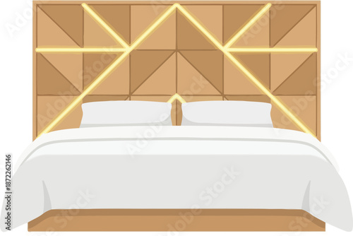 Farmhouse wooden bed frame flat vector illustration with X-pattern headboard white mattress and natural oak finish representing rustic modern bedroom furniture design isolated