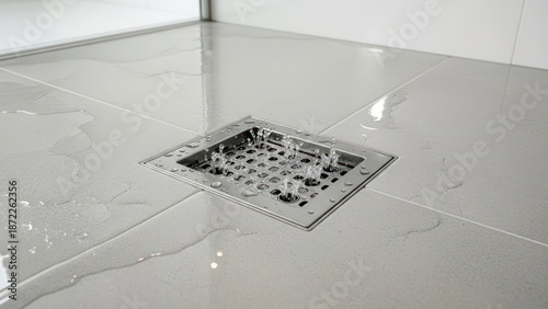 Close-up of water draining into a metal grate on a tiled floor