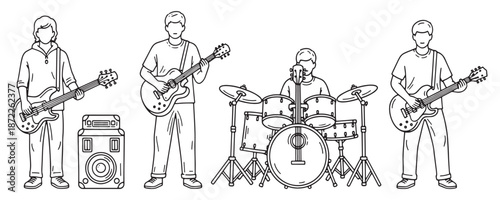A line drawing of a four-person band performing with guitars, bass, and drums, accompanied by an amplifier.
