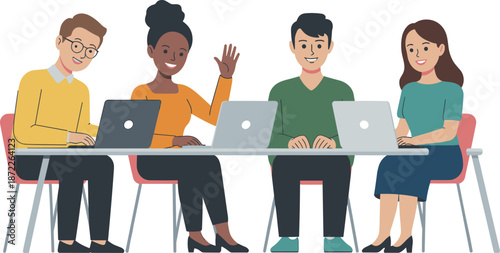 Diverse team collaboration meeting, modern office workspace, professionals using laptops, teamwork discussion, startup culture, business communication, creative illustration