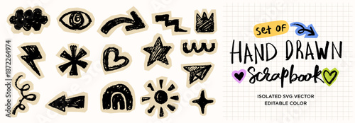 Set of doodle collage scrapbook background paper page, illustration arrow, love, scribble, star, nature, and doodle clip art