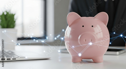 Modern piggy bank symbolizing savings and financial growth with sleek design, vibrant colors, artistic presentation, and focus on wealth building and money management