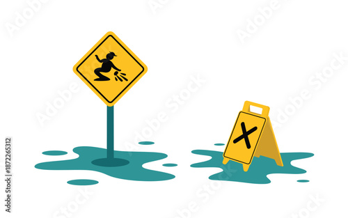 A vector graphic illustration of two warning signs in puddles of water on a white background