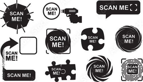 Collection of scan me QR code stickers and icons for digital use