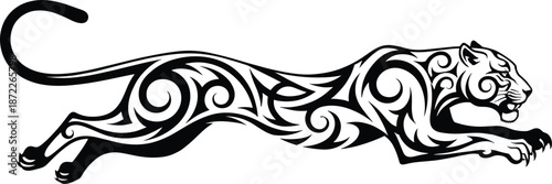 Tribal leopard running silhouette with ornamental patterns wild big cat tattoo style animal vector illustration