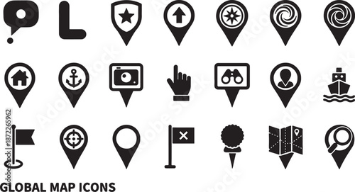 Set of travel location and navigation icons isolated on transparent background