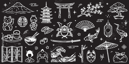 Collection of Japanese cultural icons and symbols drawn in a minimalist white outline style on a black background.