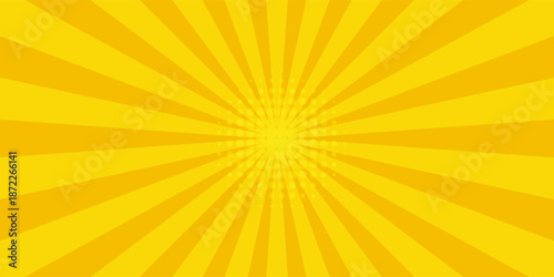 Bright yellow pop art background with comic rays and halftone dots. Sunburst radial lines for sale, retro design, comic book style, explosion, vintage energy theme, or summer banner template.