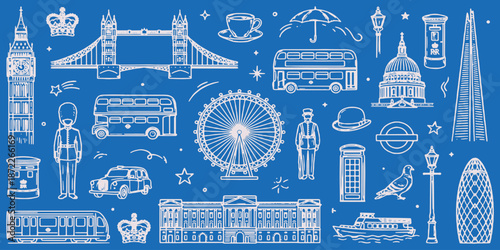 Collection of iconic London landmarks and symbols in a blueprint style on a blue background.