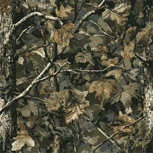 Woodland hunting camouflage seamless pattern with tree bark. Camouflage pattern background for hunting and military purposes.