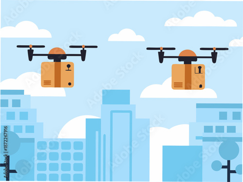 Modern drone delivery system in urban cityscape with cloudy sky