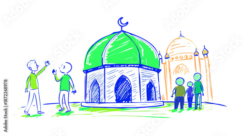 Small quirky characters standing in front of a giant colorful mosque dome. Doodle style with whimsical proportions. Neon green and deep blue colors. Hand-sketched vector illustration with thick outlin