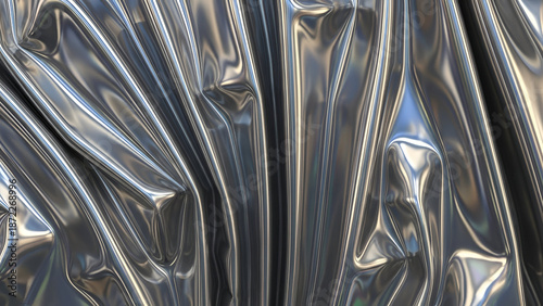 Fotografía Close up of crinkled silver plastic sheet with reflective surface and folds with