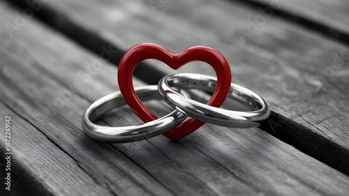 Two silver wedding bands intricately linked together with a bright red heart symbol resting on weathered wooden planks