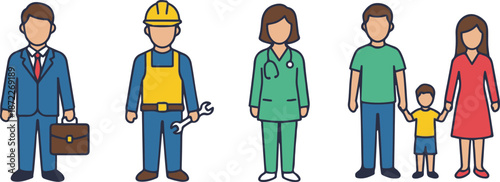 Vector illustration set representing different societal roles: a businessman with a briefcase, a construction worker, a female doctor, and a family, isolated on a white background.