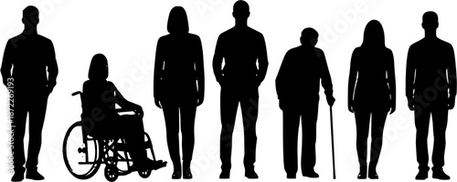 Diversity and Inclusion: A group of six diverse people silhouettes standing in a line, including a person in a wheelchair and an elderly person with a cane.