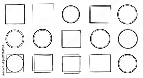 Collection of hand-drawn sketchy squares and circles in black ink, featuring rough borders and artistic geometric shapes.