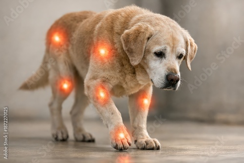 Elderly Dog with Highlighted Joint Pain Areas