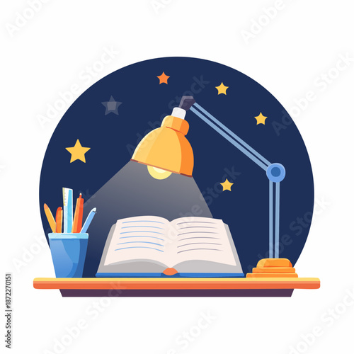 Illustration of an open book and colorful pencils illuminated by a warm desk lamp under a starry night sky signifying late night study or reading and learning in a peaceful atmosphere