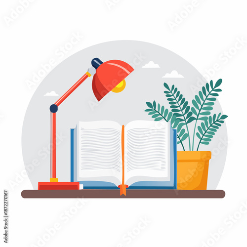 Open Book Illuminated by Red Desk Lamp Beside Potted Plant on Wooden Surface Under Cloudy Sky